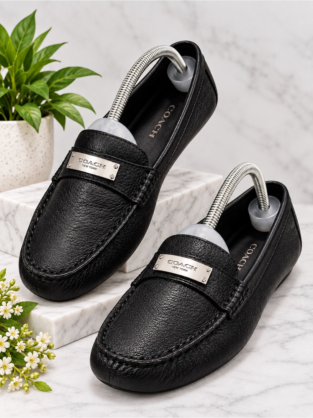Coach Fredrica Black Leather Silver Hardware Driving Loafers 9.5B